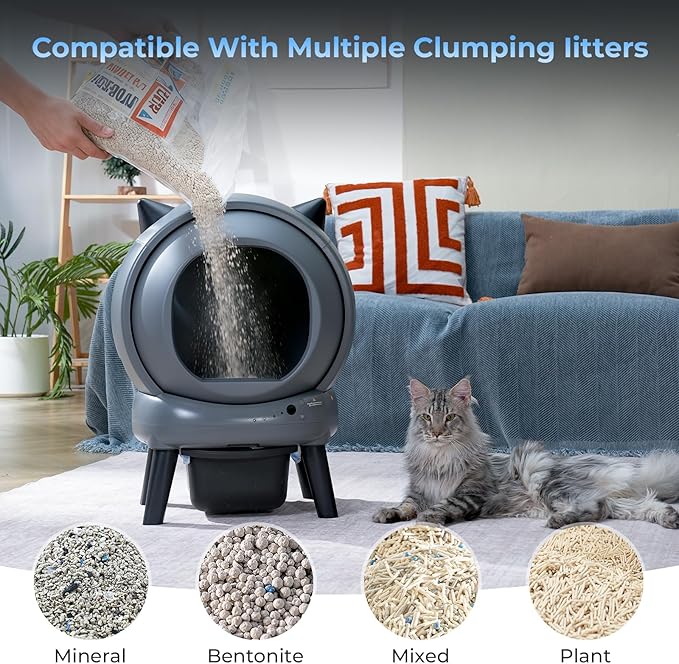 Self Cleaning Litter Box for Cats, E2 Automatic Cat Litter Box with Smart APP Control and Health Monitoring, Includes 2 Roll Trash Bag & Litter Mat, Grey