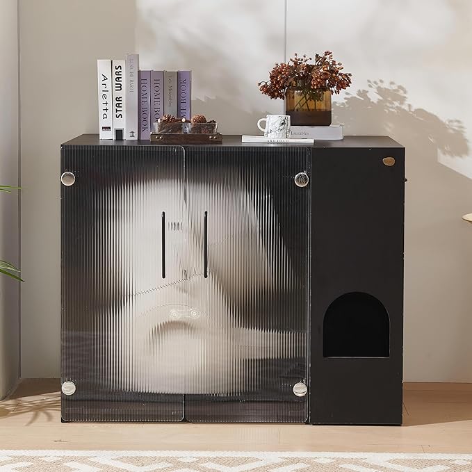 Cat Litter Box Enclosure - Dog Proof Cat Litter Box with Pull-Out, Rotating Features, Includes Power Outlet and Acrylic Wave-Patterned Door Panels with Lock,Elegant Black