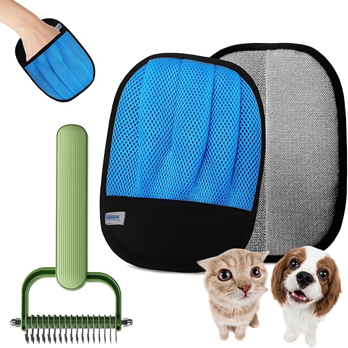 Pet Hair Removal Glove for Cats & Dogs, 2 Pcs Five-Finger Electrostatic Hair Remover Golve, with Pet Double-Sided Deshedding Brush Pet Hair Remover Tool on Carpet, Clothing, Laundry, Couch, Car Seat