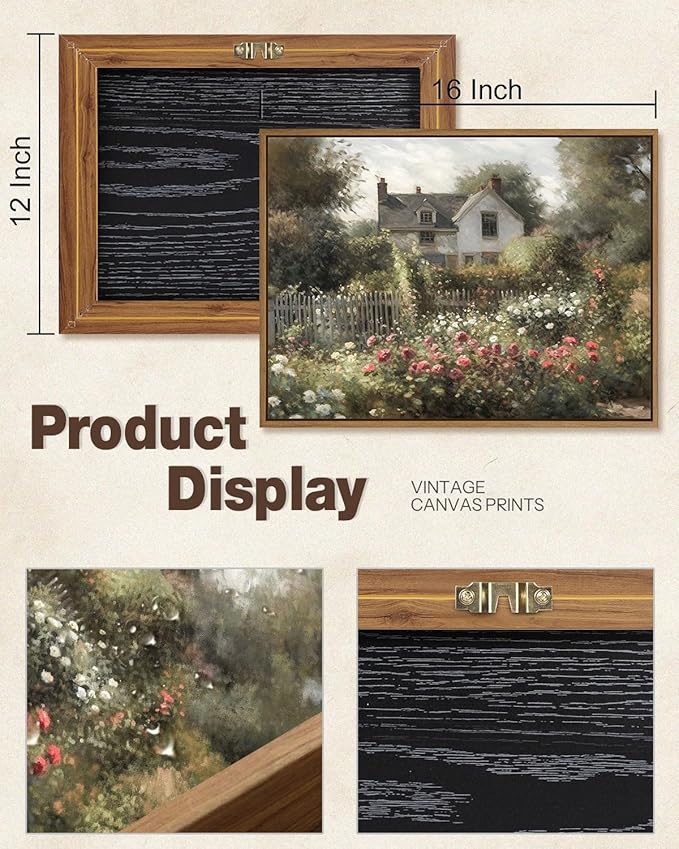 Vintage Rose Garden Wall Art Antique Cottage Canvas Oil Painting Nature Flowers Landscape Picture Rustic Farmhouse Wall Decor for Bedroom Bathroom Home Office Kitchen Decoration - 12x16 Inch Framed