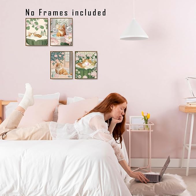 FITIE Orange Tabby Cat Bathroom Wall Art Posters Set of 4, Cat Bathroom Decor, Retro Japanese Aesthetic Floral Bathtub Cats Canvas Prints Artwork Wall Decor for Bath Wash Room, 8x10 Unframed