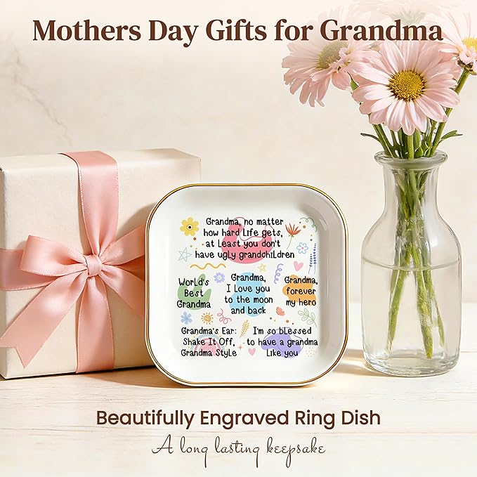 PUDDING CABIN Grandma Gifts: Jewelry Dish - At Least You Don't Have Ugly Grandchildren - Sentimental Gifts for Grandma Mother’s Day, Birthday, Christmas & Wedding