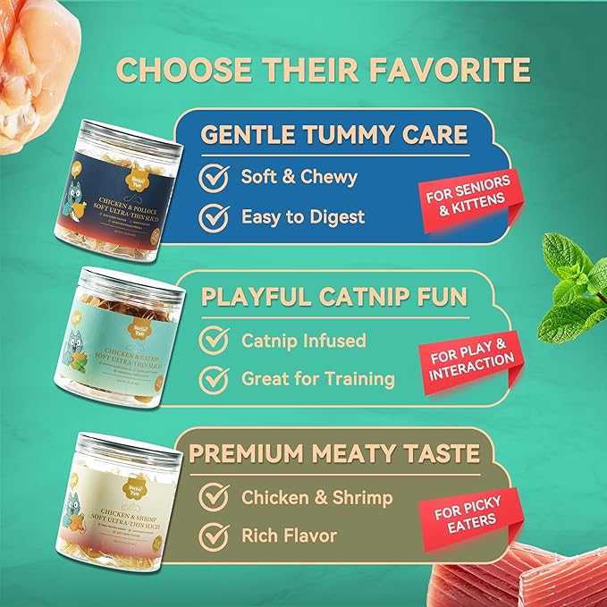 Soft Cat Treats Chicken & Catnip, Ultra-Thin Slices for Picky Cats & Sensitive Teeth, Easy Chew Grain-Free Snacks, Interactive Playtime Rewards, 3.2 oz