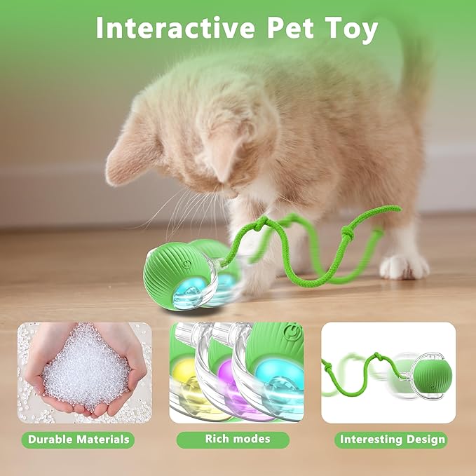 Interactive Cat Ball Toys,Indoor Moving Cat Toys, Automatic Rolling Toy with Cord, Interesting Rotating Ball Toy for Dogs and Cats (Green)