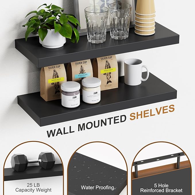 Bellsal Floating Shelves for Wall, Black Engineered Wood Wall Shelf Set of 4, 16" Walls Mounted Floating Shelf for Kitchen, Living Room, Bedroom, Bathroom Storage, Book Shelf for Home Decor