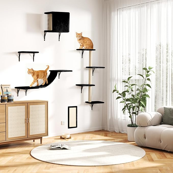 COZIWOW 5-Piece Cat Tree Set with Wall Mounted Cat Shelves, Cat Scratching Post & Cat Wall Furniture, Multi-Functional Indoor Cat Jungle Gym, Essential for Cat Room, Suitable for Large Cats (Black)