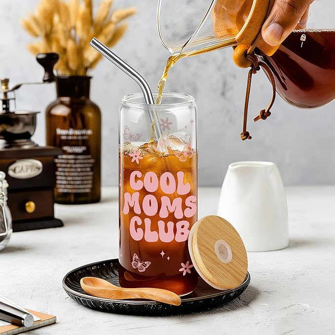 Joeyan Glass Cups with Lids and Straws - 20oz Iced Coffee Cup with Positive Crochet Penguin Doll, Cool Moms Club Glass Tumbler for Smoothie Boba Tea, Birthday Mothers Day Gift for Mom Wife Grandma
