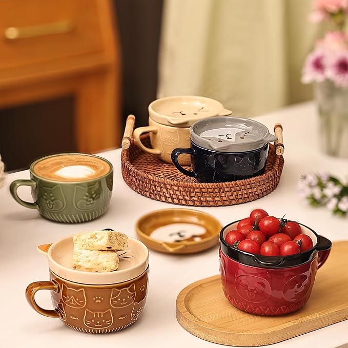 Cute Ceramic Cat Coffee Mug with Lid,Kawaii Coffee Mugs or Tea Cups for Cat Lovers,Funny Novelty Breakfast Mugs for Women Wife Mum Girls Boys Friends Kids Christmas Birthday Gift,300ML（Brown）