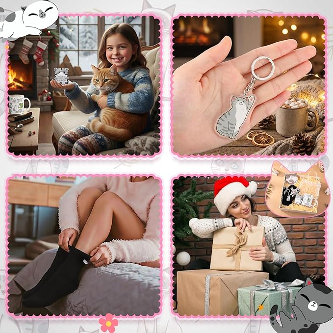 Potchen 6 Pcs Mother's Day Cat Lover Gifts for Women Funny Cat Mom Gifts Set with Gift Bag, Cats Coffee Mug, Cats Sock with Ball, Ceramic Coaster, Crochet Doll, Kitten Keychain for Lady Women Birthday