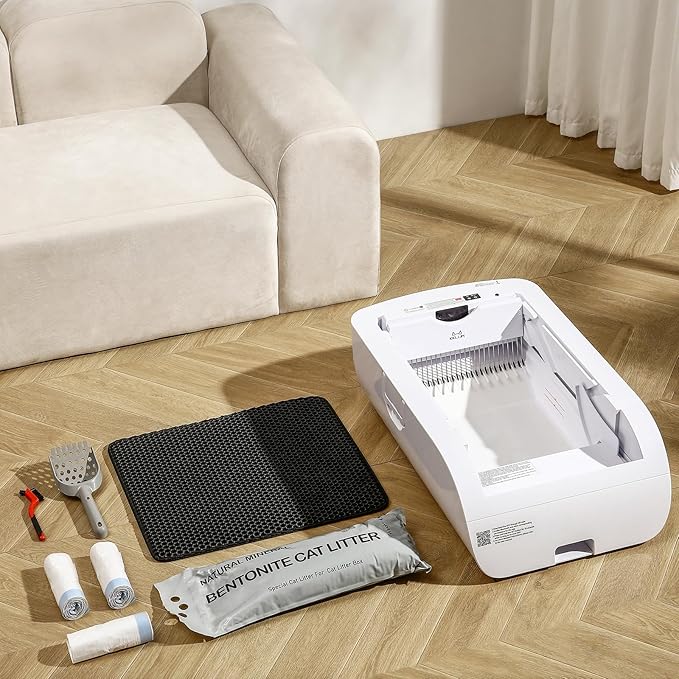 Open-Top Self Cleaning Cat Litter Box Automatic with Smart APP Control, Anti Pinch and Odorless, Whisper Quiet, Free Waste Bag/Litter Mat/Cleaning Brush/Mineral Cat Litter (Cream White)