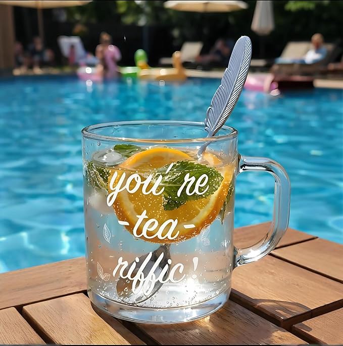 Ribbed Glass Mug Gift Set “You’re Tea‑riffic” Clear Glass Cup with Printed Slogan, Includes English Breakfast Tea & Teaspoon, Gift Boxed — Office Gift, Teacher Gift, Coffee & Tea Lovers