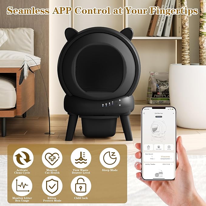 Automatic Cat Litter Box, Self Cleaning Litter Box Smart Robot for Multiple Cats, APP Real-Time Monitor, Odor & Noise Control, Safe Anti-Pinch, Trash Bag Included, Black