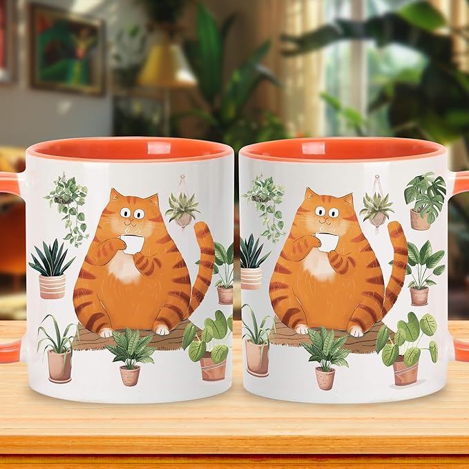 Hyturtle Cute Orange Cat Coffee Mug, Christmas Gifts For Cat Mom, Plant Decor Gift For Plant Lovers, Gardening Birthday Gift for Girls, Gardener Present 11oz Two Tone Orange White Ceramic Tea Mug Cup