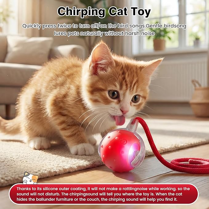 ZUAMEGUPetToy, Interactive Cat & Dog Ball Toy with Bird Sounds, Rechargeable 360° Smart Auto-Rolling Electric Pet Ball Toy (with Leash), Suitable for Indoor & Outdoor Use (Red)