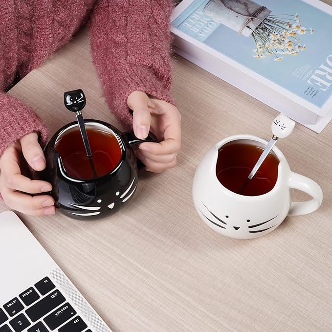 Koolkatkoo Cute Cat Mug Ceramic Coffee Mugs Set Gifts for Women Girls Cat Lovers Funny Small Cup with Spoon 12 oz Black and White