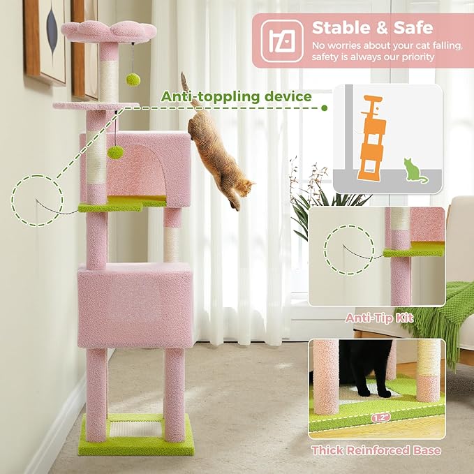MUTTROS Flower Cat Tree, 62-Inch Large Cat Tower for Multi-Cat Households w/Scratching Posts, Multi-Level Cat Condo w/Cozy Top Perch & Scratching Pad, Padded Platform, 2 Pompoms, Pink