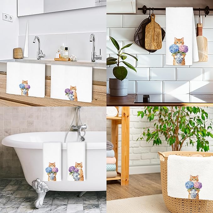 Orange Tabby Cat Hydrangea Kitchen Towels, Cat Lovers Gifts Dish Tea Towels for Kitchen Decor, Chinoiserie Porcelain Floral Kitty Decorative Hand Towel Bathroom Decor, 16x24 Inch Set of 2