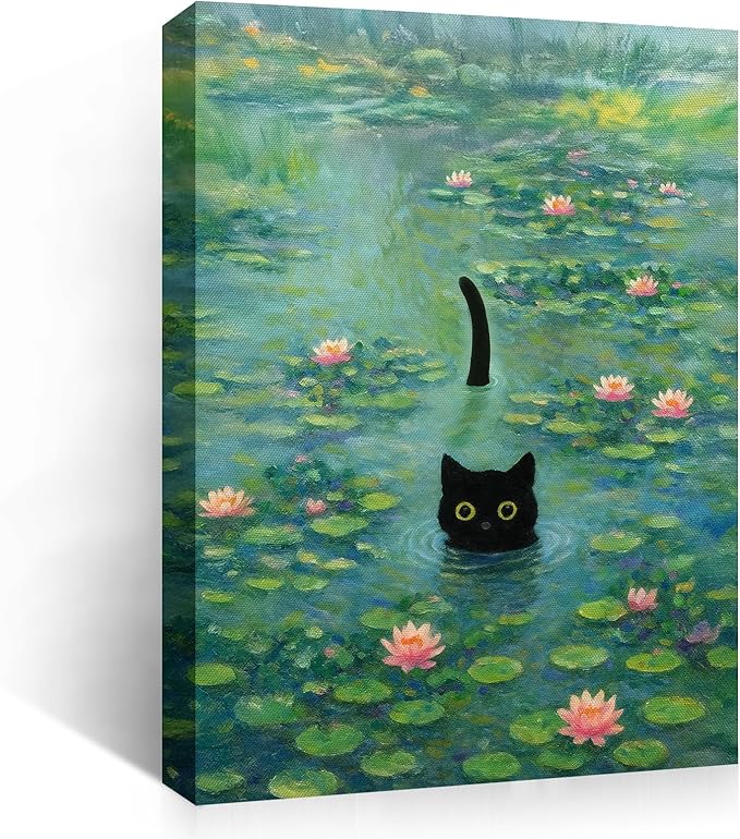 Funny Cat in Water Lilies Wall Art, Vintage Monet-Style Bathroom & Bedroom Decor, Ready to Hang Aesthetic Cat Gift for Dorm, Living Room, Wrapped Framed Canvas Print(16’’x20’’)
