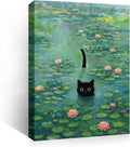 Funny Cat in Water Lilies Wall Art, Vintage Monet-Style Bathroom & Bedroom Decor, Ready to Hang Aesthetic Cat Gift for Dorm, Living Room, Wrapped Framed Canvas Print(16’’x20’’)