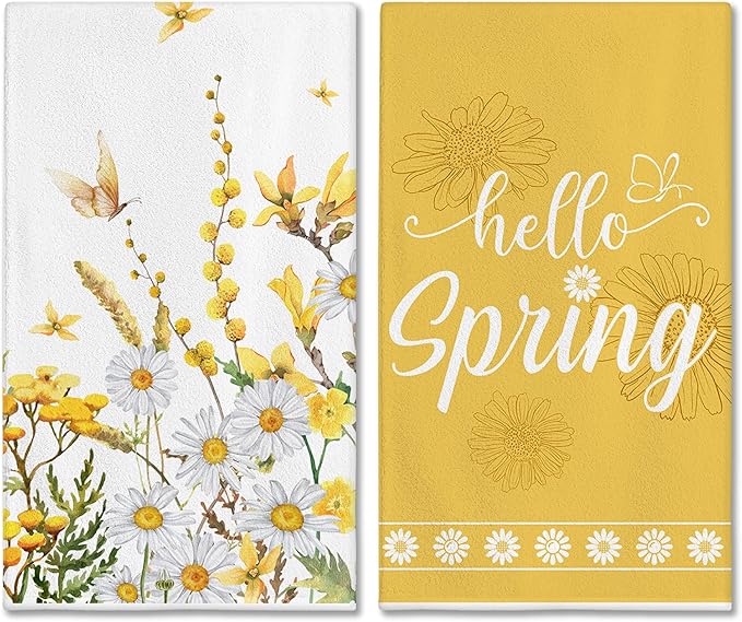 Hexagram Spring Kitchen Towels Sets of 2,Yellow Flower Hand Towels for Bathroom 18x28 Inch, Spring Farmhouse Home Decorations