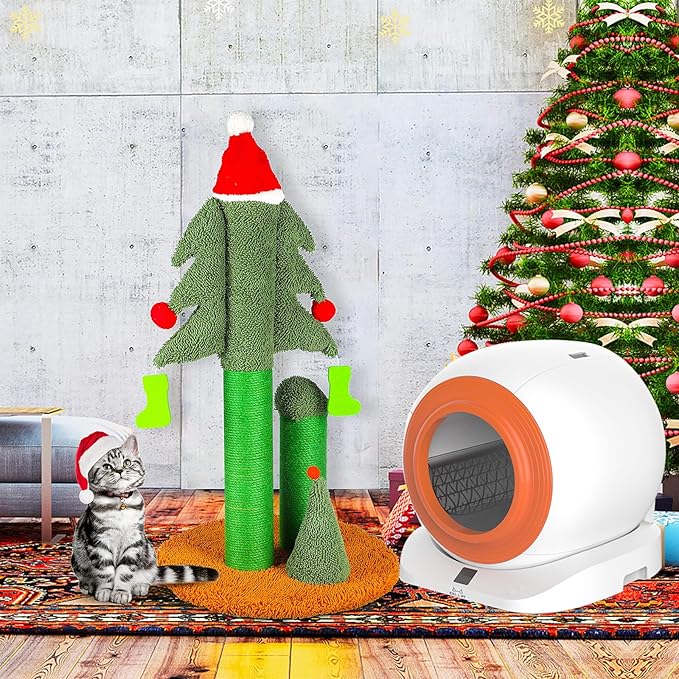 Self Cleaning Litter Box, Automatic Cat Litter Box Self Cleaning for Multiple Cats, App Control with 32'' Tall Christmas Tree Cat Scratching Post
