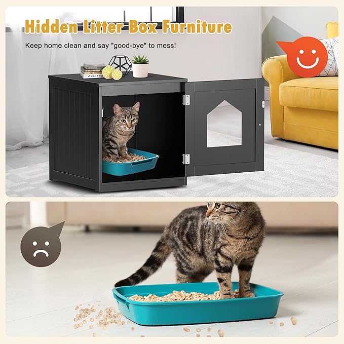 Cat Litter Box Enclosure Hidden Kitty Litter Box Furniture Indoor Cat Box Cabinet House Side Table Nightstand Washroom (Black)