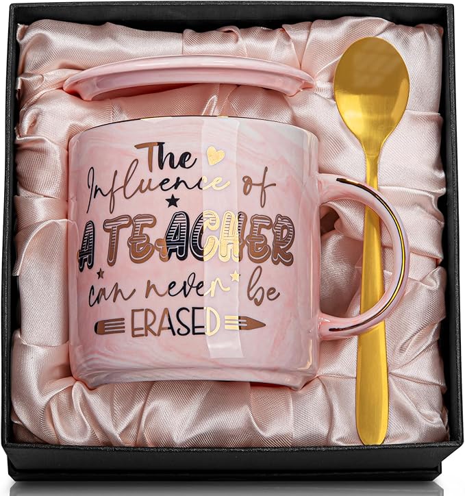 Teacher Appreciation Gifts for Women, Teacher Birthday, Retirement, Back to School, Graduation, End of Year Gifts - The Influence of A Teacher Can Never Be Erased, 14oz Gold Pattern Marble Mug