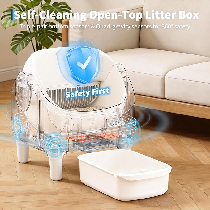 Self Cleaning Litter Box, Automatic Cat Litter Box with APP Control, Odor-Free Waste Disposal Includes Trash Bags, Large Waste Bin, Open-Top, for Large Cats & Multiple Cats