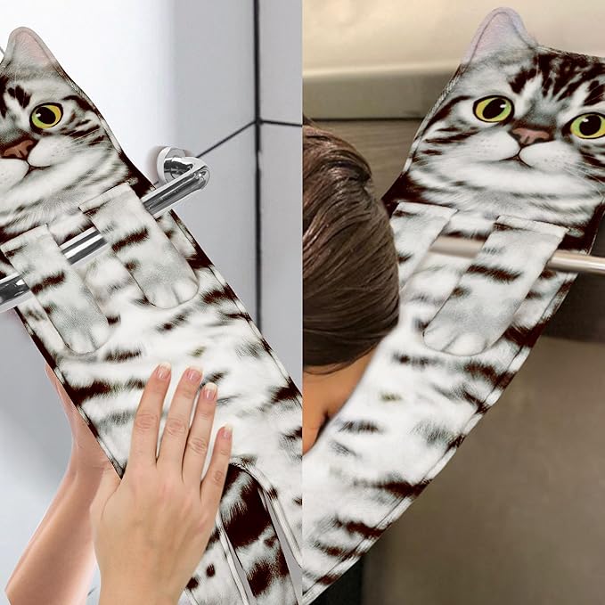 Funny Hand Towels for Bathroom Kitchen Decor - Cute Cat Hanging Hand Towel Kitchen Gadgets - Unique Housewarming Birthday Christmas Cat Lover Gift Ideas for Women Mom Lady Adults