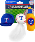 BEST PLUSH CAT TOY: MLB TEXAS RANGERS Complete Set of 3 piece Cat Toys filled with Fresh Catnip. Includes: 1 Baseball Cap Cat Toy, 1 Baseball Cat Toy with Feathers & 1 Beer Bottle. Beautiful Team LOGO