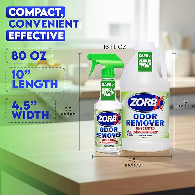 ZORBX Unscented Odor Eliminator for Strong Odor 16 Oz + 64 Oz - Used in Hospitals & Healthcare Facilities - Advanced Trusted Formula, Fast-Acting Odor Remover Spray for Dog, Cat, House & Carpet