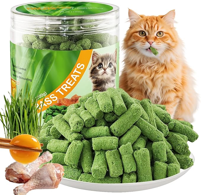 3.5oz Freeze-Dried Chicken Cat Treats with Cat Grass & Egg Yolk - Hairball Control, Dental Care Teething Sticks for Indoor Cats, High Protein Grain-Free Cat Snacks