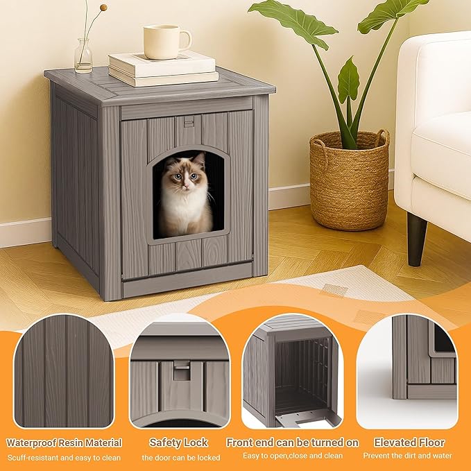 Cat Litter Box Enclosure, Plastic Hidden Litter Box Side Table with Openable Front Door, Cat Box Enclosure Cabinet for Indoor & Outdoor Use, Weatherproof, Easy to Clean & Assemble, Grey