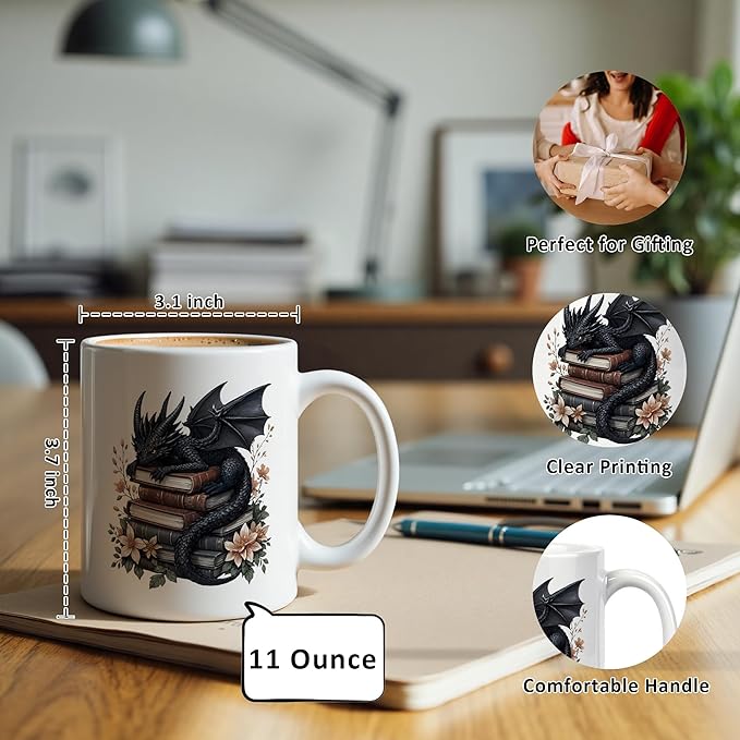 Book Lover Mug 11 oz, Book Lover Gifts for Women, Bookish Reader Bookworm Gifts Coffee Cups Ceramic, Black Floral Dragon Ceramic Mug for Coffee Tea Hot Cocoa Home Office Work