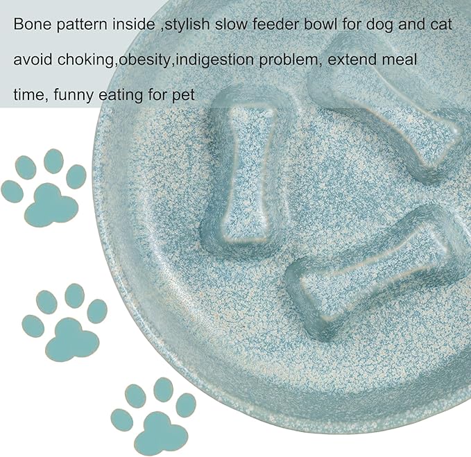Ceramic Slow Feeder Cat Bowls 6 Inch Cute Bone Slow Feeding Dog Food Bowl,Whisker-Friendly, Anti-Vomiting Feeder for Cats and Small Dogs Non Slip Dishwasher/Microwave Safe (Blue)