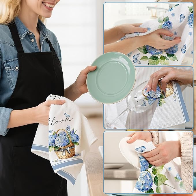 Hexagram Spring Kitchen Towels Sets of 2,Blue Flower Hand Towels for Bathroom 18x28 Inch, Spring Farmhouse Home Decorations
