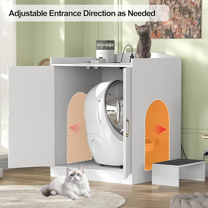 Heybly Litter box Enclosure,large Cabinet with Charging Station,Wooden Cat Litter Box Enclosure Furniture for Self-Cleaning Robot 3 & 4,Hidden for Smart Litter Box Size for senior cats,White HCLB005WT