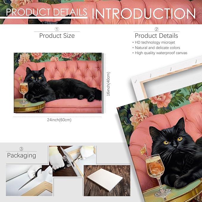 Black Cat With Martini Wrapped Framed Print Poster Pet Art Bar Cart Decor Cat Lover Gift Wall Art Room Decor Aesthetics Ready To Hang 16X24 inch