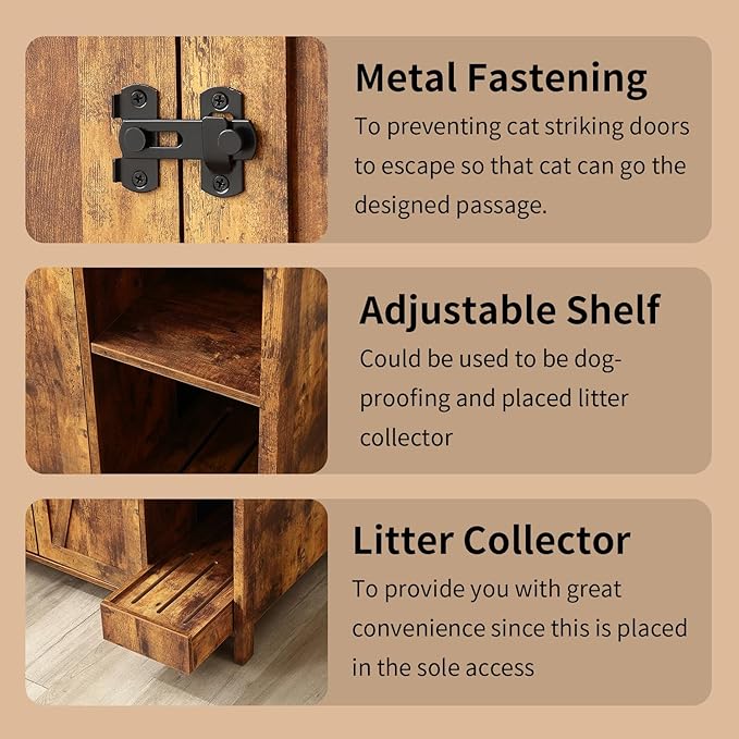 Litter Enclosure with Litter Collector, Litter Cabinet with Dog-Proof Adjustable Shelf, for Placing Cat Robot 3/4, Power Outlet(Rustic Brown)