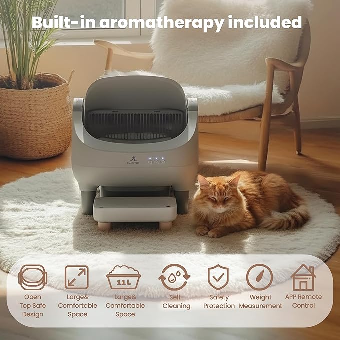 Automatic Litter Box with Raised Step, Open Top Large Capacity Self Cleaning Litter Box for Multiple Cats, Smart App Control, Odor-Free & Health Monitoring & Quiet Operation