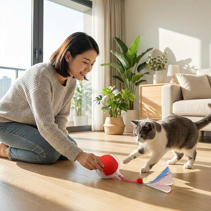 OAOAPLOS® Interactive Cat Toy Rolling Ball, Automatic Self-Moving Rechargeable Cat Ball with LED Light, Smart Indoor Exercise Toy for Bored Cats & Kittens, Durable Silicone & ABS Design