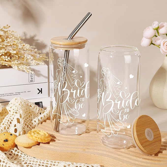 Joeyan Bride To Be Glass Cup with Lid and Straw - Iced Coffee Cups with Positive Crochet Bunny, Bridal Shower Gift, Wedding Themed Glass Tumbler for Smoothie Boba Tea, Engagement Gifts for Future Mrs