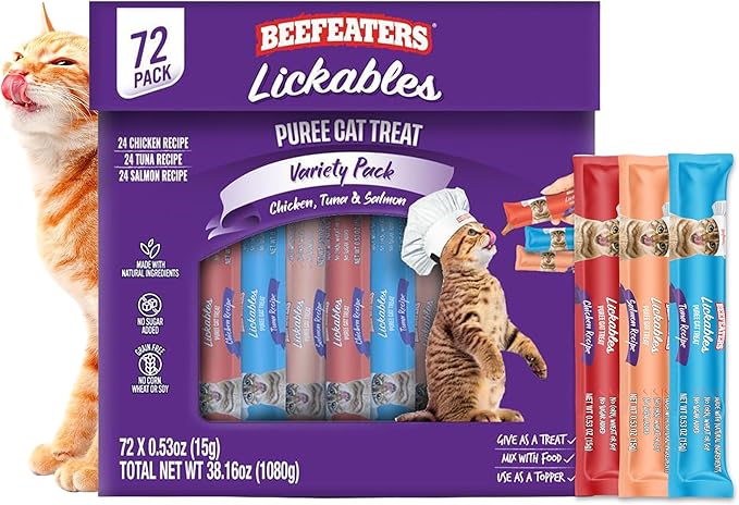 Beefeaters wet cat treats lickable 72 Count Puree Variety Pack - Salmon Tuna Chicken for Hydration & Training, Grain Free Taurine Enriched High Moisture, lickable cat treats squeeze up for Picky Eater