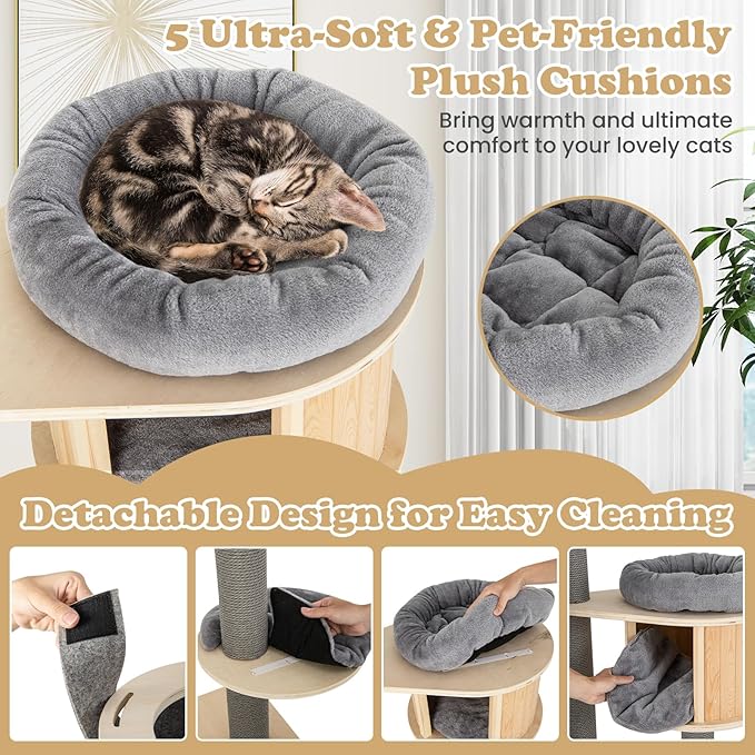 Tangkula Floor to Ceiling Cat Tree, 5 Tier Tall Cat Tower with Adjustable Height (100-110 Inch) for Large Cats, Wood Cat Climbing Pole with Cat Condo, Scratching Post, Cattail Basket Bed, Hammock