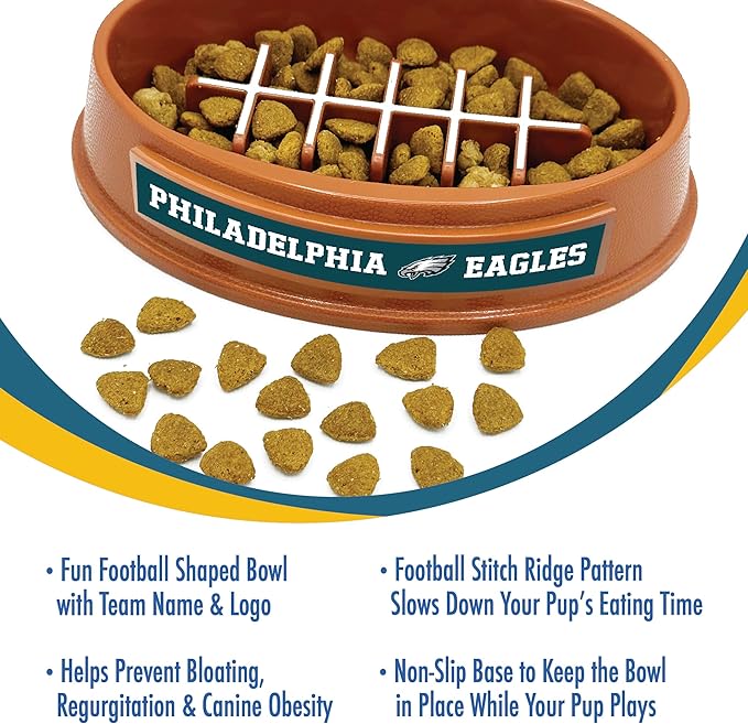NFL Super-Bowl Philadelphia Eagles Slow Feeder Dog & Cat Bowl. Football Design for Healthy Digestion. Non-Slip for Large & Small Pets