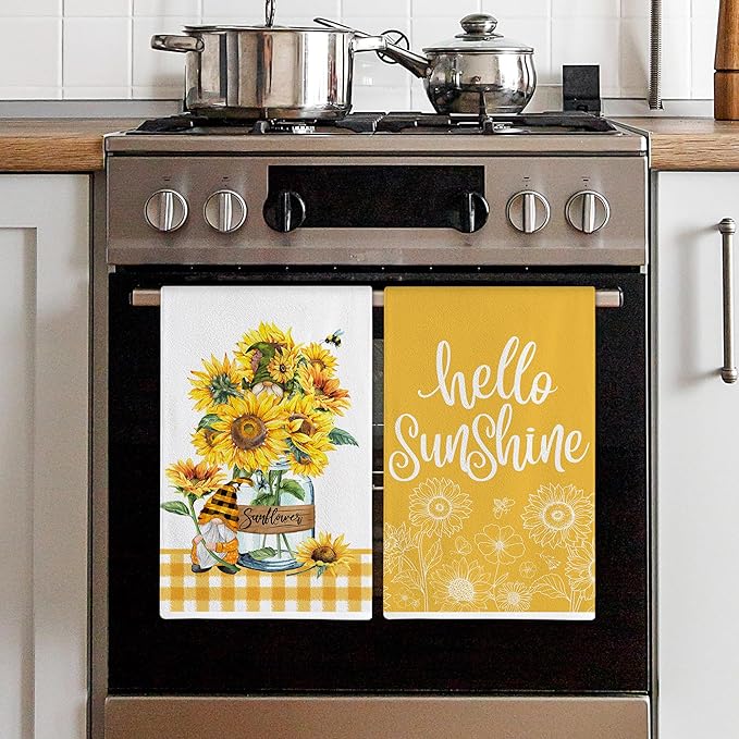 Hexagram Sunflower Kitchen Towels Set of 2, Sunflower Decor Gifts for Women, Funny Cute Housewarming Dish Hand Towels for Home Kitchen Decor