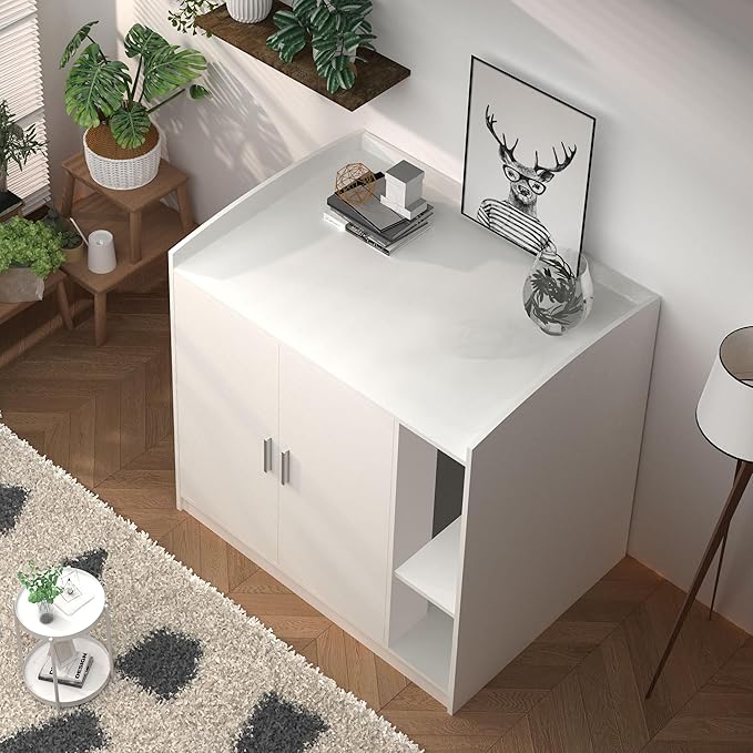Extra Large Litter Box Enclosure with Adjustable Dog Proof Shelf - Designed for Self-Cleaning and XXL Litter Boxes (White)