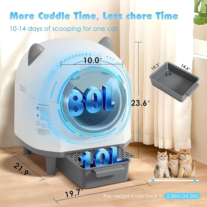 Automatic Cat Litter Box, Self Cleaning Litter Box with APP Control for Multiple Cats, Large Robot Kitty Litter Box with Safety Sensors, Odor Removal, 2 Roll Garbage Bags, 90L Cat Ears Design