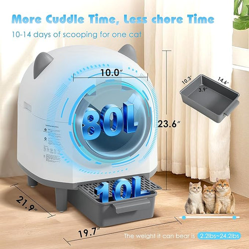 Automatic Cat Litter Box, Self Cleaning Litter Box with APP Control for Multiple Cats, Large Robot Kitty Litter Box with Safety Sensors, Odor Removal, 2 Roll Garbage Bags, 90L Cat Ears Design