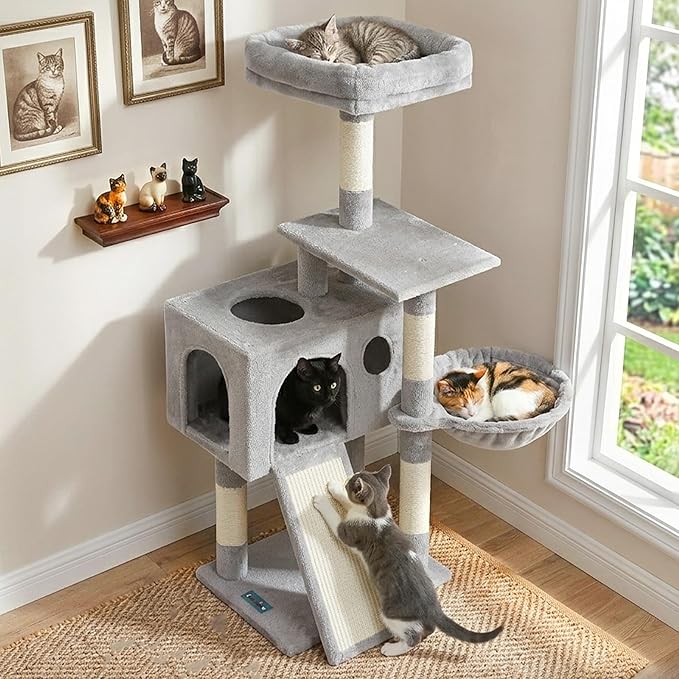 Gitelsnour Cat Tree, 42.1" Cat Tower for Indoor Kittens with Scratching Board and Posts, Multi-Level Cozy Cat Condo with 2 Perches, Hammock, Balls, Light Gray GCT005SW